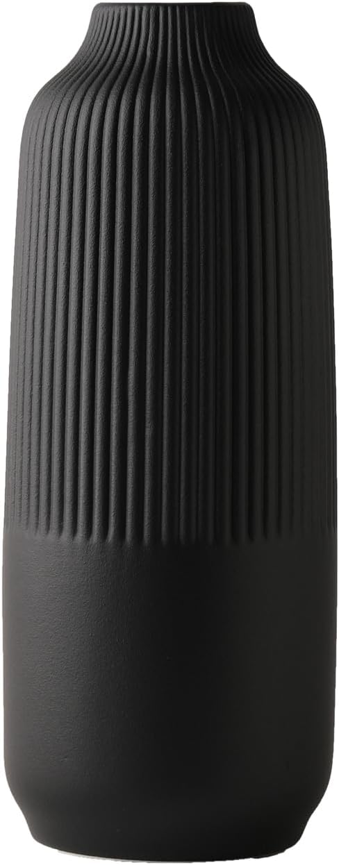 Black Ceramic Vase for Flowers, 8 Inch Flower Vases Home Decor, Black Boho Vases for Pampas Grass, Vase for Centerpieces Living Room Table Entryway Shelf