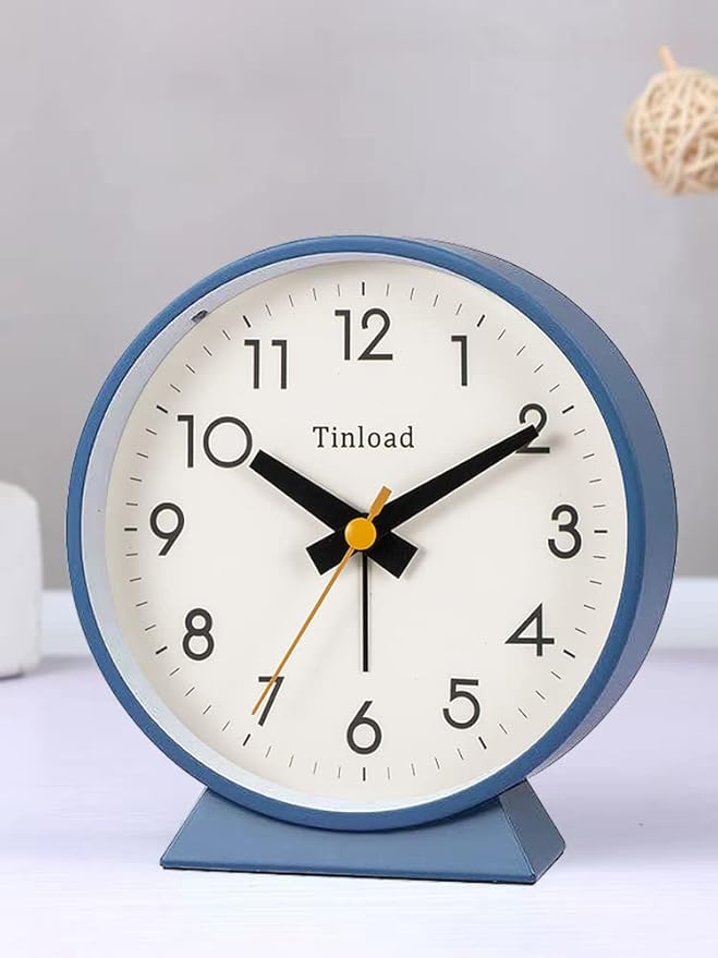 4.5" Battery Operated Analog Alarm Clock, Small Silent Bedside Desk Clock with Night Light, Blue