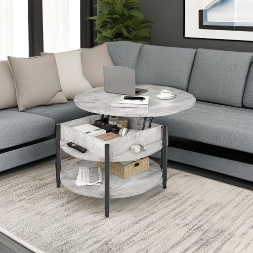 FABATO Round Lift Top Coffee Table, 35.43" Circle Coffee Table with Storage for Living Room Reception Room, Farmhouse 2 Tier Large Round Dining Table, Wood, Gray