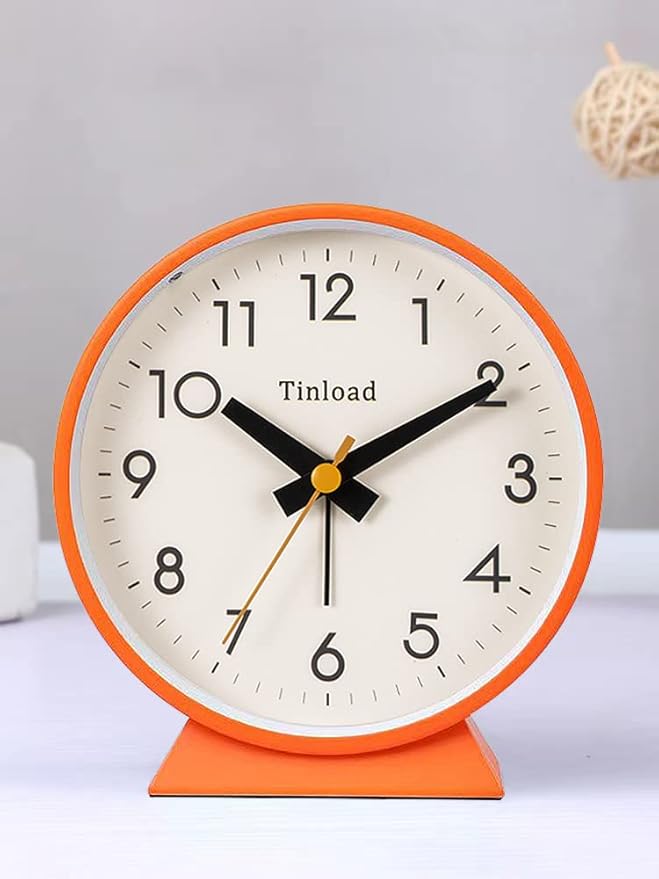 4.5" Battery Operated Antique Retro Analog Alarm Clock, Small Silent Bedside Desk Clock, Lighted on Demand, Battery Operated, Snooze, for Living Room, Bedroom, Bedside, Desk(Orange)