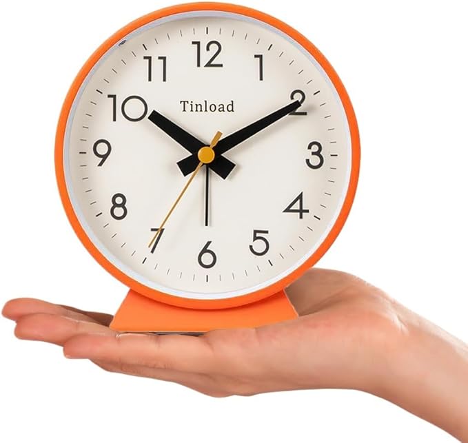 4.5" Battery Operated Antique Retro Analog Alarm Clock, Small Silent Bedside Desk Clock, Lighted on Demand, Battery Operated, Snooze, for Living Room, Bedroom, Bedside, Desk(Orange)