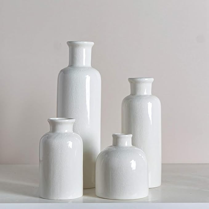White Ceramic Vase Set, 10 Inch Farmhouse Decor Vase, Home Decorative Vases for Home Decor, Kitchen, Bedroom, Office, Living Room, Bathroom, Ideal Housewarming Gift (Modern White)