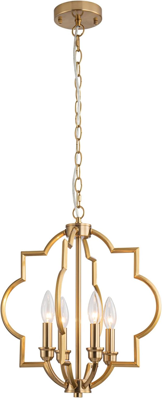 15.6" Brushed Gold Dining Room Light Fixtures Over Table, 4 Light Rustic Orb Geometric Pendant Light, Farmhouse Brass Chandelier for Entryway Foyer Bathroom