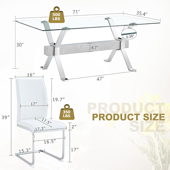 71'' Glass Dining Table Set for 6,7 Piece Dining Table Set with Tempered Glass Tabletop and Open‑Frame X‑Shaped Metal Base,Kitchen Table and Chairs Ideal for Dining Room&Home Office