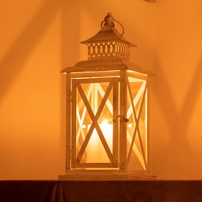 DECORKEY Lantern Decorative Indoor & Outdoor,Large Square Hanging Spring Home Decor, Vintage Metal Decorative Candle Lanterns for Outdoor Patio Wedding Party Beige with Copper Brush