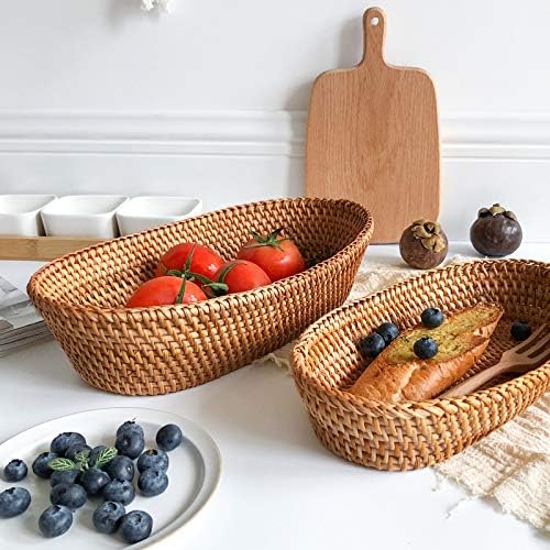 i-lan Set of 2 Oval Rattan Bread Baskets, 13 Inch Handwoven Wicker Basket Long with 2.7” Wall, Decorative Narrow Serving Basket Boho Bowl for Fruit, Food, Snack, Brown, 2-size:S+L