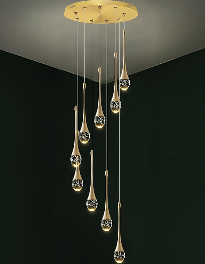 H100'' Modern Chandelier 9-Lights Gold Foyer Entrance Chandeliers High Ceiling Chandelier LED Dimmable 2700-6000K Fixtures