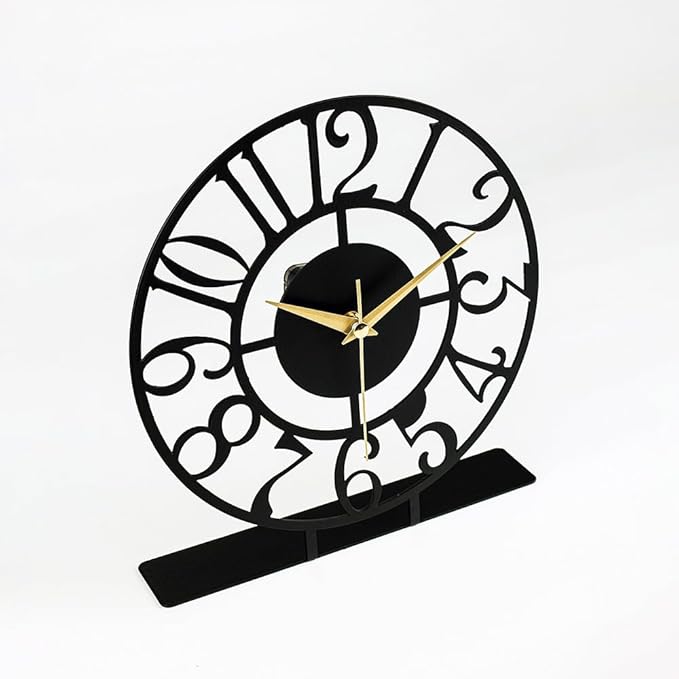 8.9x9.5 Metal Desk Clock, Black Round Silent Non-Ticking Analog Table Clock, Battery Operated, Decorative Desk and Shelf Clock, Desk Clocks for Living Room Bedroom Kitchen Office School