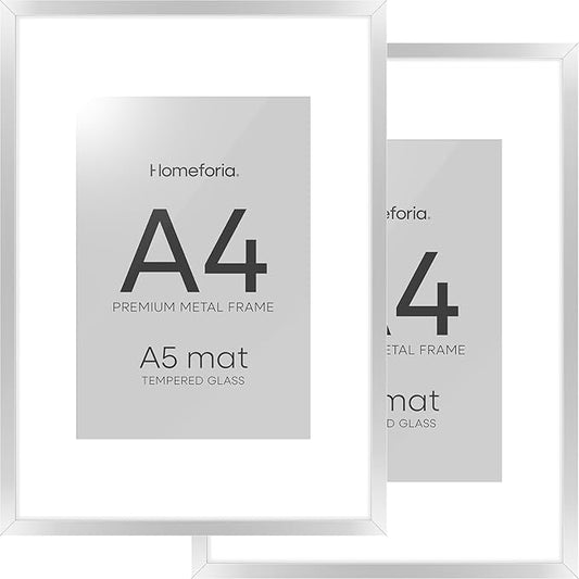 Homeforia A4 Picture Frame Silver, High End Metal 8.3 x 11.7 inch Silver Poster Frames with Mat 5.8 by 8.3 Art, A4 Frame Matted to A5 Photo, 8.3x11.7 Wall or Tabletop Frames, Tempered Glass, Set of 2