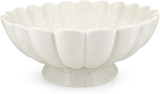 Large Fruit Bowl for Kitchen Counter-10.6" White Ceramic Fluted Scalloped Decorative Footed Bowl -Elegant Pedestal Display Bowls for Entryway Table, Perfect for Housewarming &Wedding Gift