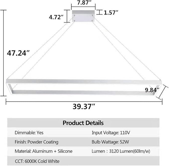 Modern Led Chandelier Linear Rectangle Chandelier Modern Led Pendant Light Kitchen Island Lighting Fixture 6000K Dimmable 39.4” Contemporary Hanging Light for Dining Room Living Room Silver