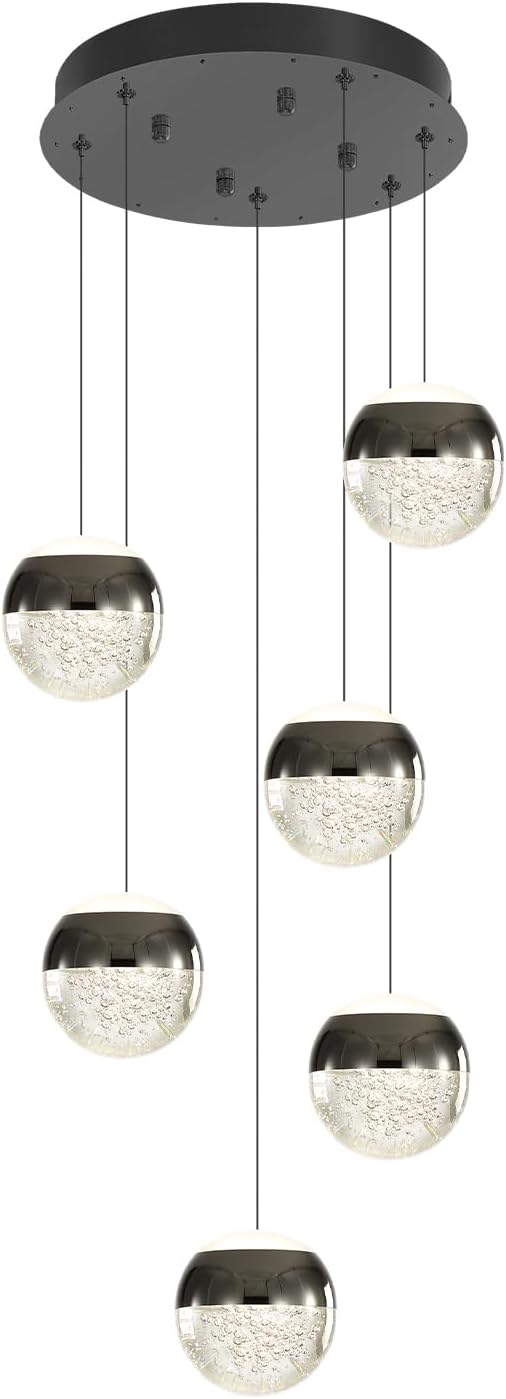 6-Lights Globe Pendant Light Modern Crystal Pendant Chandelier Black Globe Chandeliers for Kitchen Island, Hanging Light Fixture for Dinning Room Bedroom