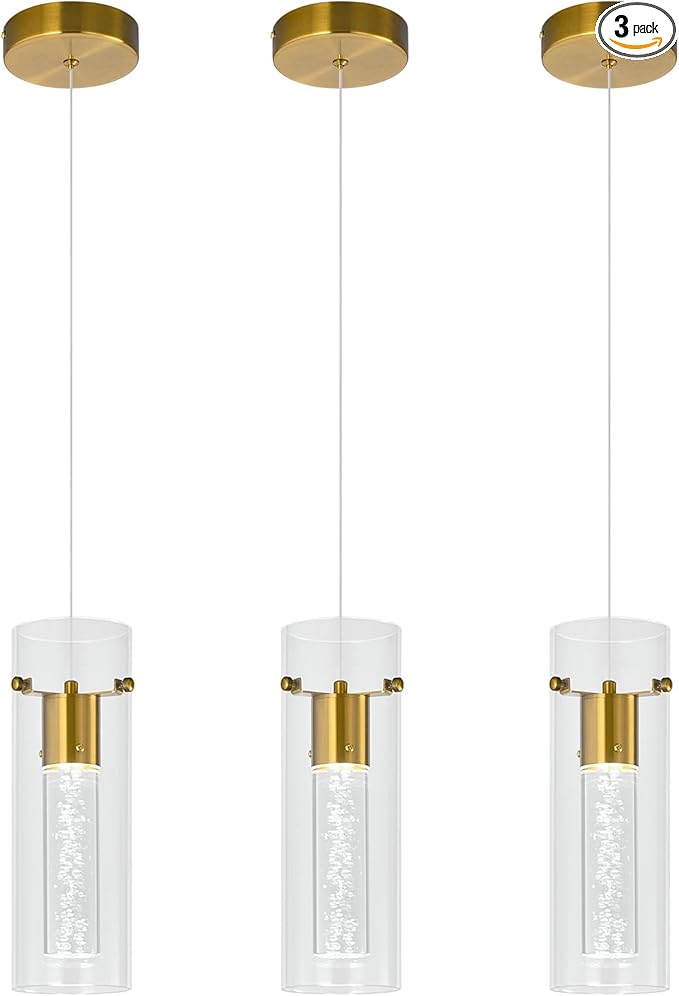 Modern Pendant Lights Kitchen Island (3-Pack) Pendant Ceiling Light Fixture for Kitchen Island, Gold Pendant Light Integrated LED Hanging Light with Crystal Bubble Glass Pendant Light