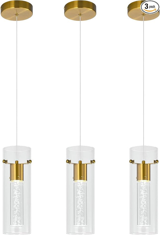 Modern Pendant Lights Kitchen Island (3-Pack) Pendant Ceiling Light Fixture for Kitchen Island, Gold Pendant Light Integrated LED Hanging Light with Crystal Bubble Glass Pendant Light