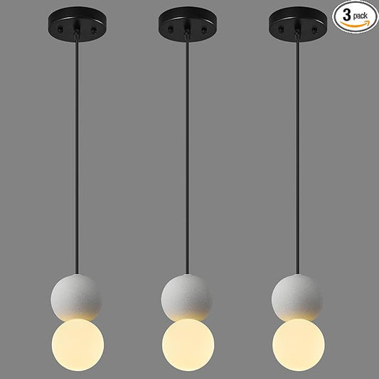 Modern 1-Light Concrete Pendant Light Kitchen Islandceiling Light Fixture White Glass Globe Ball Pendant Lighting for Dining Room Coffee Club Resturant Bar Living Room(3-Pack)