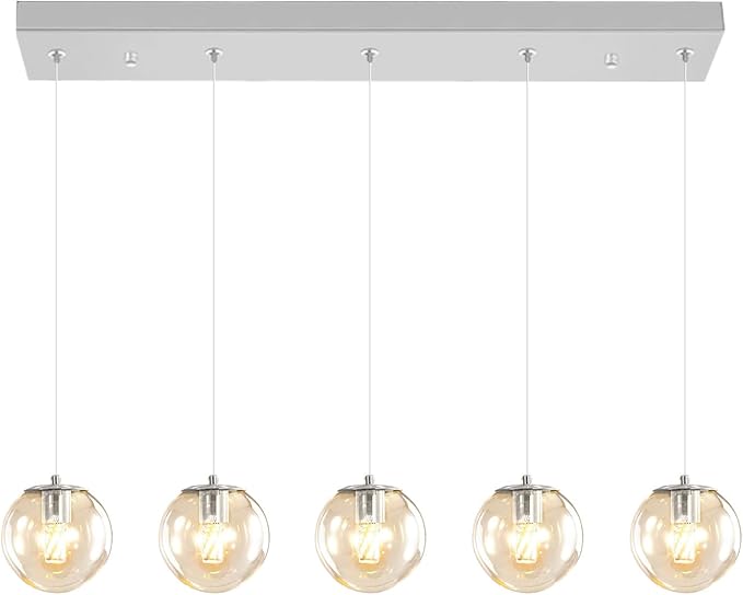 5-Lights Modern Rectangle Chandelier Globe Pendant Light,Chrome Linear Globe Chandeliers for Dining Room and Kitchen Island