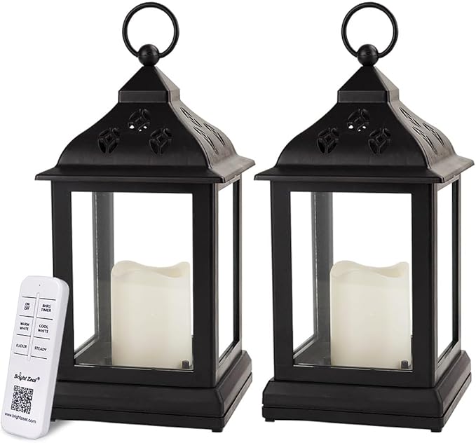 Bright Zeal 2-Pack 9.5" Vintage Decorative Candle Lantern with LED Flickering Flameless Candle (Black, 6-Key Remote) - Indoor Hanging Lanterns Decorative Lanterns Battery Powered LED Candle & Remote