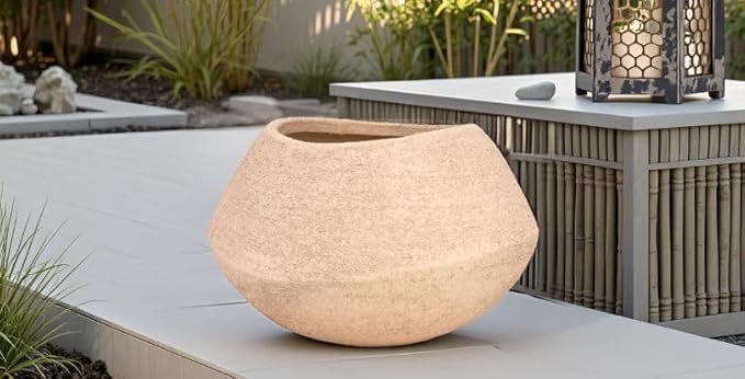 Textured Sand Ceramic Bowl Vase - Handcrafted Wabi-Sabi Planter - Natural Stone Finish Flower Holder - Organic Shape Pottery - Minimalist Zen Decor - Artisan Rough Texture Container