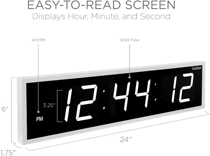 Ivation Oversized Large Digital Wall Clock - Big LED Digital Clock w/Large Display, Shelf or Wall Mount (24 Inch - White) 6 Brightness Levels | Time Memory | Remote, Mounting Holes & Hardware