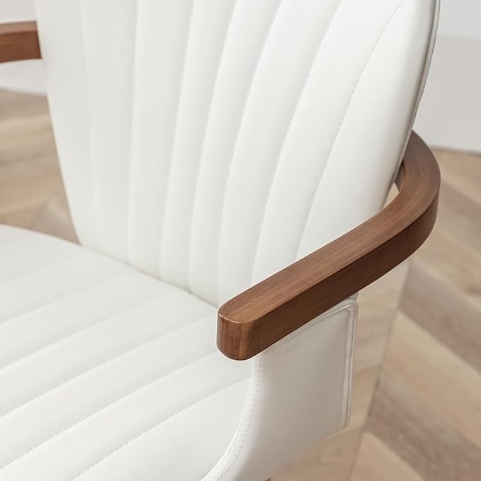 LUNLING Swivel Dining Chairs, Mid Century Modern White Faux Leather Kitchen Chairs with Arms,Bamboo Legs Side Chairs No Wheels,Accent Chair for Dining Rooms and Offices,1PCS