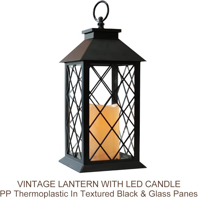 Bright Zeal 2-Pack 13.5" Vintage Candle Lantern with LED Pillar Candle (Black, 6hr Timer) - IP44 Waterproof Battery Powered Decorative Light - Outdoor Patio Hanging Lantern Decorative Tabletop Light