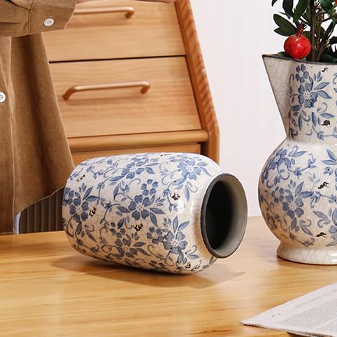 Denique Vintage Blue and White Porcelain Vase Ceramic Vase for Home Decor, Retro Crack Blue Flower Vase Pottery Vase Chinoiserie Decor