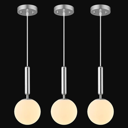 Modern Hanging Light Fixture Pendant Lighting for Kitchen Island Mid Century Chrome Pendant Lights with Globe Milky White Glass Pendant Light for Bedroom Bathroom Entryway (3 Pack)