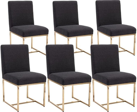 VESCASA Linen Upholstered Dining Chairs Set of 6, Mid Century Modern Padded Chair with Gold Metal Frame for Restaurant, Dining Room, Kitchen, Charcoal