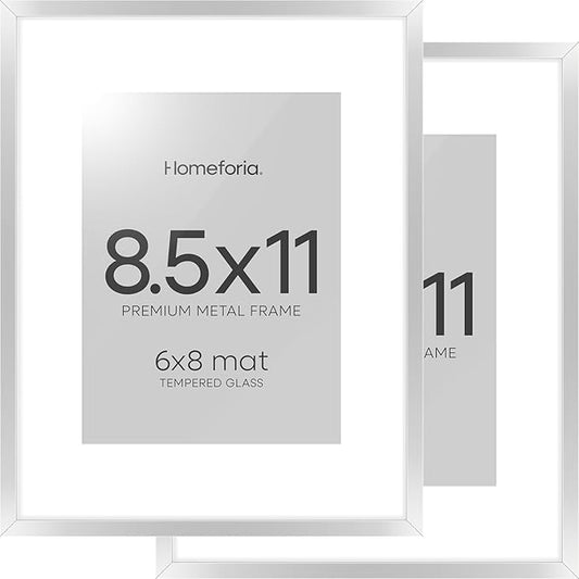 Homeforia 8.5x11 Picture Frame Silver, High End Metal 8.5 x 11 Poster Frames with Mat 6 by 8 Photo, 11x8.5 Frame Matted to 6x8 Print, 8.5by11 Wall or Tabletop Frame, Tempered Glass, Wall Kit, Set of 2