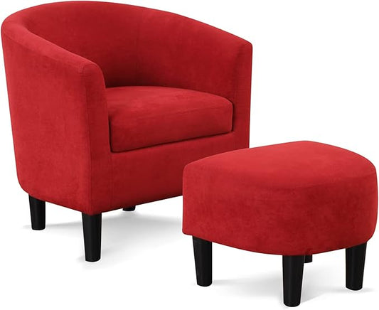 INZOY Modern Accent Chair with Ottoman, Upholstered Barrel Reading Chair with Foot Rest, Comfy Fabric Armchairs for Living Room Bedroom Small Spaces, Easy to Assemble (Red)