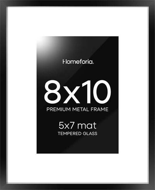 Homeforia Black Picture Frames 8x10, High End Metal 8 x 10 Photo Frame with Mat 5 by 7 Art, 10x8 Black Frame Matted to 5x7 inch Print, 8by10 Wall or Tabletop Frames, Tempered Glass, Wall Kit, Set of 1