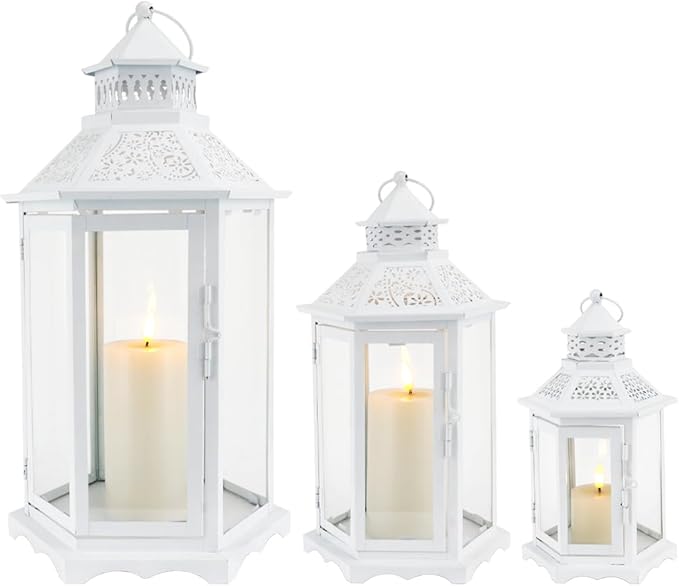 TRIROCKS Set of 3 Decorative Candle Lanterns18''&13"&10" H Hexagonal Candle Holder Vintage Metal Hanging Lantern with Tempered Glass for Garden Patio Wedding Event Indoors Outdoors(White)