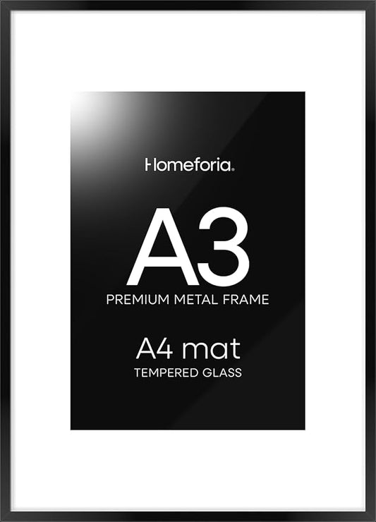 Homeforia A3 Picture Frame Black, High End Metal 11.7 x 16.5 inch Poster Frames with Mat 8.3 x 11.7 for Photo, A3 Size Frames Matted to A4 Print, 11.7x16.5 Wall Hanging Frame, Tempered Glass, Set of 1