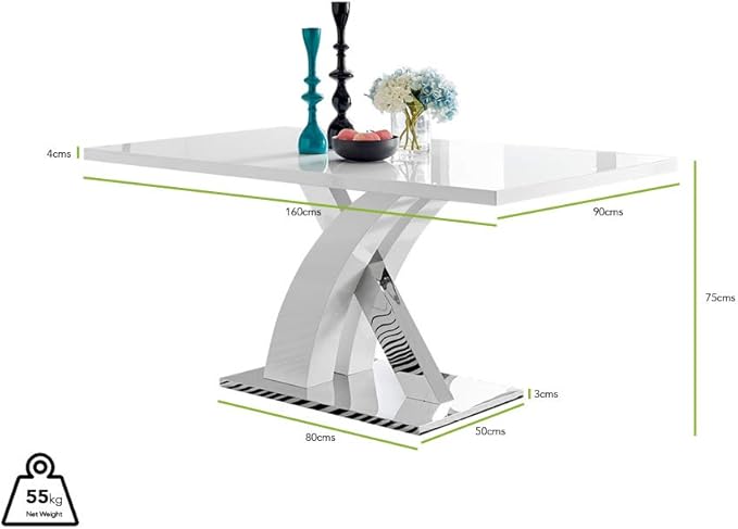 Atlanta Modern Rectangle Chrome Metal High Gloss White Dining Table and 6 Black Lorenzo Chairs Set