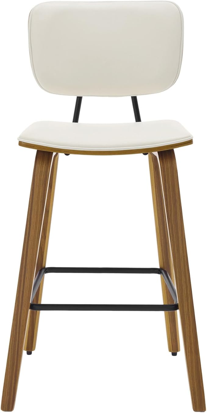 Counter Height Bar Stools Set of 4, PU Leather Upholstered Barstools with Backs, Bent Wood Legs, 26 Inch Seat Height, Mid Century Modern Counter Stools for Kitchen Island, Cream White