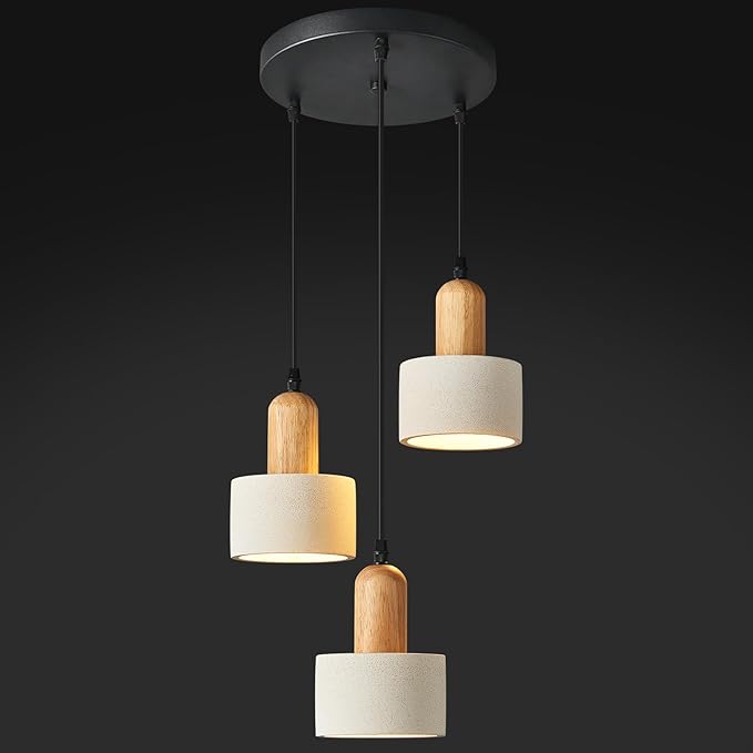 Modern Cement Pendant Lights White Chandelier Wooden Ceiling Lamps for Kitchen Island Bedroom Dining Room Living Room bar（Round 3-Light）
