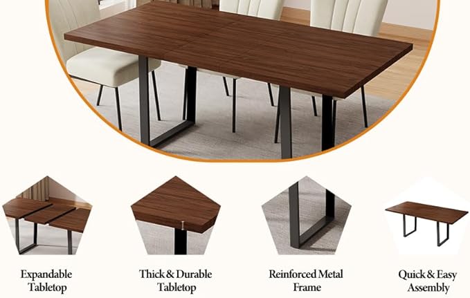 ZckyCine 63"-79" Expandable Dining Table Set for 6-8, Modern Walnut Table with Metal Legs and 6 White Velvet Upholstered Chairs, Kitchen & Dining Room Furniture, Easy Assembly