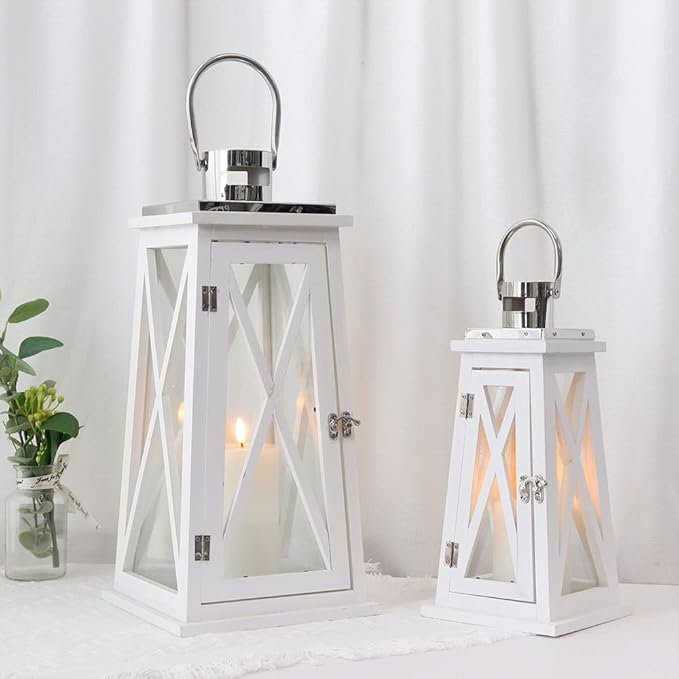 TRIROCKS Set of 2 Farmhouse Wooden Lantern 15.5''&22'' Metal Decorative Candle Holders with Tempered Glass Rustic Outdoor Lantern for Thanksgiving Christmas Patio Wedding Parties Indoor Outdoor(White)