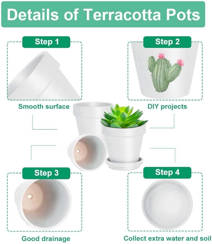 vensovo 5 Inch White Clay Pot for Plant with Saucer - 6 Pack Terra Cotta Plant Pot with Drainage Hole, Flower Pot with Tray, Terracotta Pot for Indoor Outdoor Plant