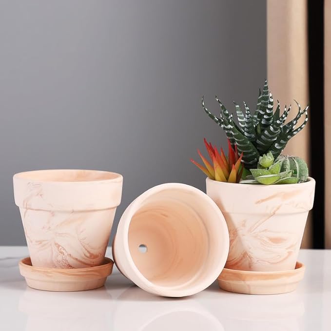 Fcacti 4 Inches Small White Mixed Terracotta Pots with Saucer, 6 Pack 4" Terra Cotta Planter with Drainage Holes,Small Clay Flower Pots for Plants,Succulents,Crafts,Wedding Favor