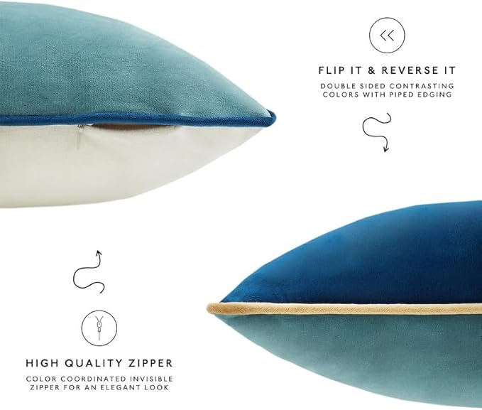 MONDAY MOOSE Decorative Throw Pillow Covers Cushion Cases, Set of 4 Soft Velvet Modern Double-Sided Designs, Mix and Match for Home Decor, Pillow Inserts Not Included (22x22 inch, Blue/Beige)