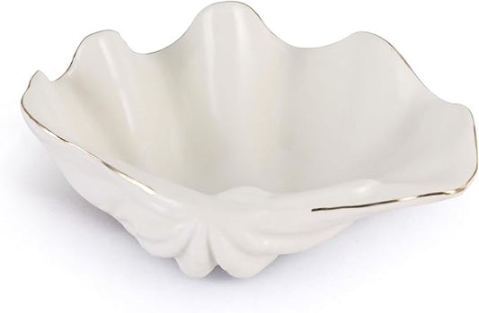 White Shell Bowl Decorative – 7.9" Ceramic Clam Shell Dish for Home Decor, Coastal Catch-All Bowl for Bathroom Vanity, Entryway, or Dresser, Jewelry Holder, Key Tray, Fruit Bowl
