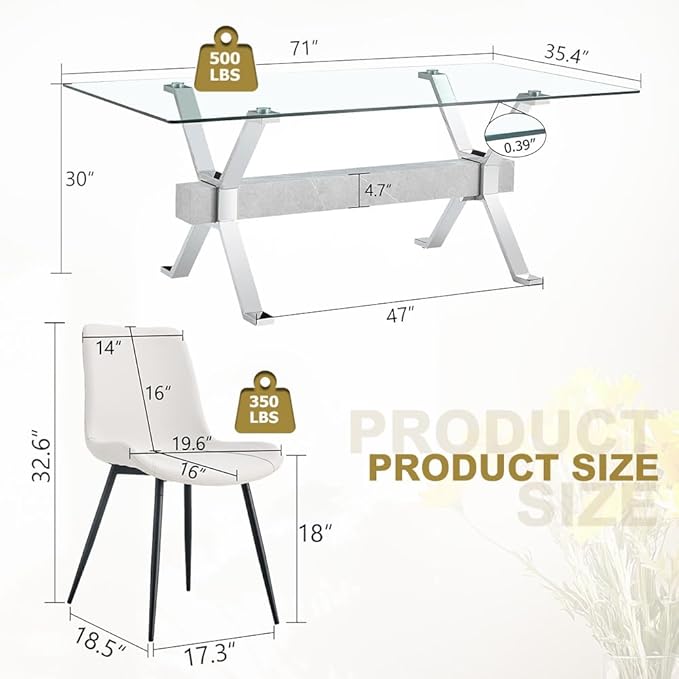 71'' Glass Dining Table Set for 6,7 Piece Dining Table Set with Tempered Glass Tabletop and Open‑Frame X‑Shaped Metal Base,Kitchen Table and Chairs Ideal for Dining Room&Home Office