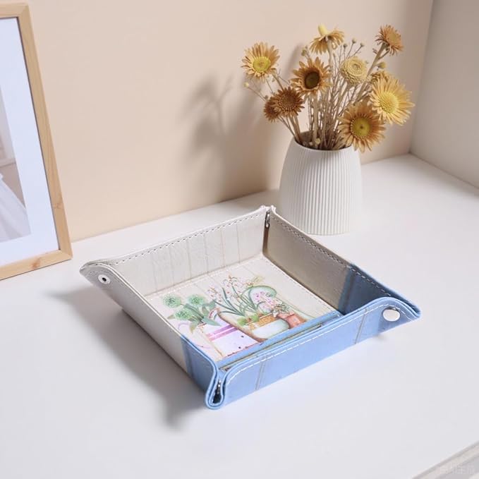 Decorative Valet Tray Organizer for Keys, Makeup Brush Holder, Jewelry Tray Dish,Cute Bowl Trinket Tray,New Home Gifts for Women,Catchall Bedside Nightstand Caddy Holder (Plants and Flowers)
