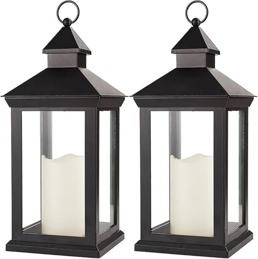 Bright Zeal 2-Pack 14" Decorative Candle Lantern Black Outdoor Lanterns with Timer Candles - IP44 Waterproof Vintage Lanterns Battery Powered LED Decorative for Wedding - Warm White Hanging Wall