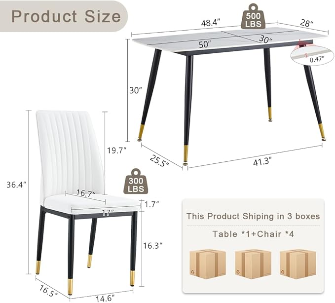 50" White Modern Sintered Stone Dining Table Set for 4 Faux Marble Dining Table with 4 Upholstered PU Leather Chair Dining Room Table Set of 4(1White Table+4 Cream White Chairs)