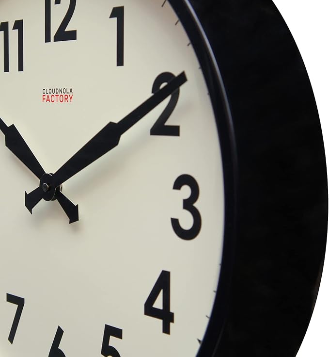 Cloudnola Station Metal Wall Clock, Black and White, 18 inch Diameter, Silent Non Ticking, Battery Operated Quartz Movement