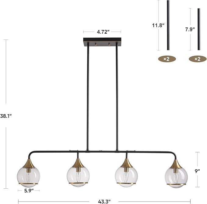 43" Island Lights for Kitchen 4 Light Dining Room Light Fixtures Over Table Black and Gold Kitchen Island Lighting Linear Chandeliers for Dining Room,Kitchen
