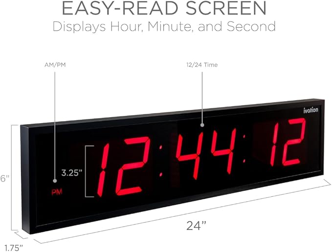 Ivation Oversized Large Digital Wall Clock - Big LED Digital Clock w/Large Display, Shelf or Wall Mount (24 Inch - RED) 6 Brightness Levels | Time Memory | Remote, Mounting Holes & Hardware