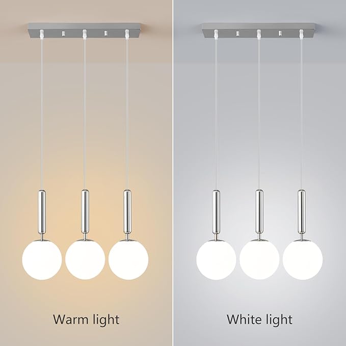 Modern Chrome Pendant Lights Kitchen Island Mid Century with Globe Pendant Light Milk White Glass Pendant Lighting for Living Room Bedroom Entryway (3 Lights)